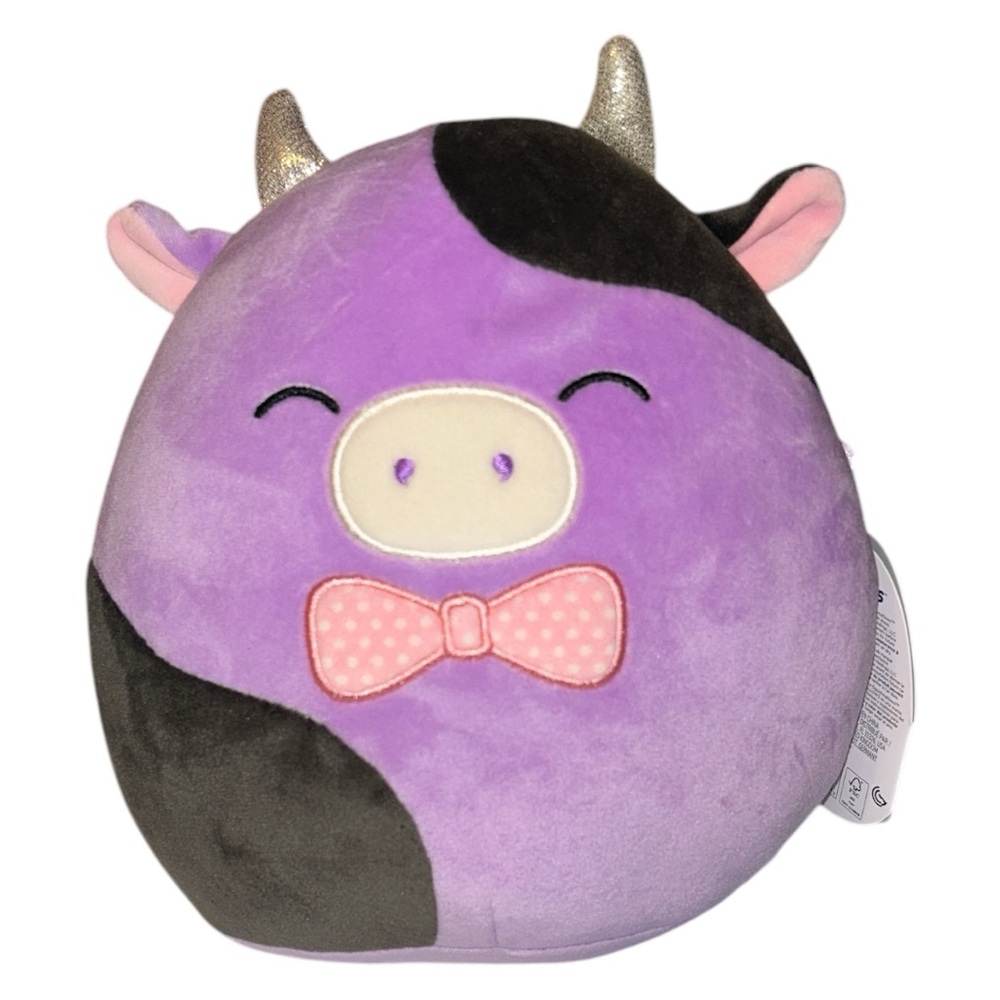 Squishmallows Alexie Purple & Black Cow with closed eyes & Bow Tie S8